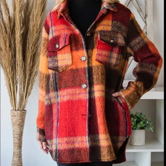 Veveret Orange and Brown Plaid Heavy Shacket - Picture 1 of 5